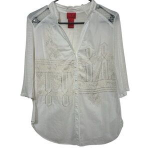 V. Cristina White Embroidered Boho Button Down Blouse with Lace Size Small